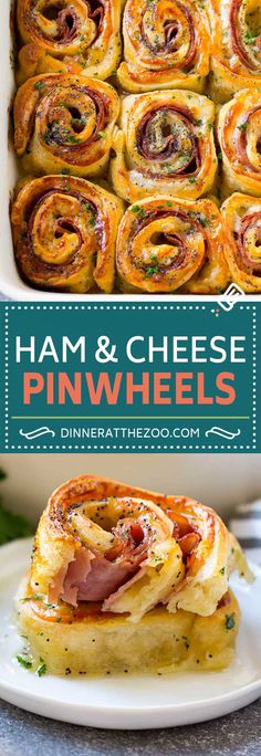 ham and cheese pinwheels on a plate with the title overlay above it