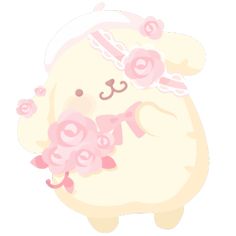 a white teddy bear with pink flowers around its neck and ears, standing in front of a white background