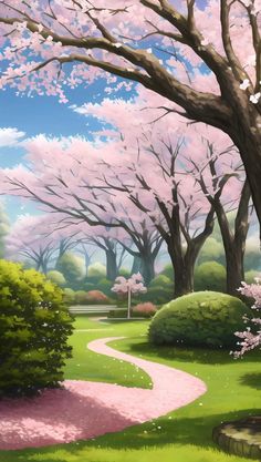 a painting of a path through a park with trees and flowers in the foreground