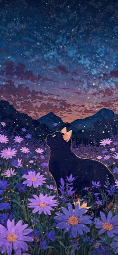 a cat sitting in the middle of a field of flowers under a night sky filled with stars