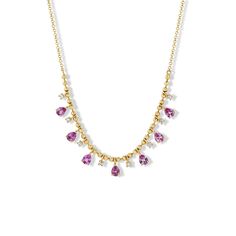 Available to ship now: 14k yellow gold 8 round diamonds - 0.15ctw 7 pear-shaped pink sapphires - 1.35ctw Made to order in 14k white gold with 4-6 week lead time. Sapphire Diamond Necklace, Horseshoe Necklace, Pink Sapphire Ring, Purple Sapphire, Forever Jewelry, Rose Gold Pink, Jewelry Ring Box, Watch Necklace, Sapphire Diamond