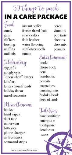 the 50 things to pack in a care package with text overlays that reads,'50 things to pack in a care package '