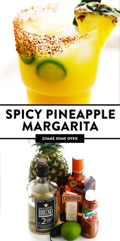 some pineapple margaritas are sitting next to each other on a white background with the words spicy pineapple margarita