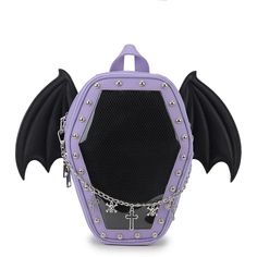 Bat Wings Ita Backpack Enamel Pin Display Shoulder Bag Goth Pin Collector Female Small Clear School Bag Punk Ita Purse Bag Coffin Backpack, Wings Backpack, Gothic Coffin, Clear Backpack, Purple Cross, Ita Bag, Bags Style, Purple Backpack, Coffin Shape