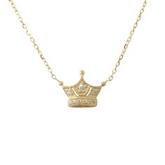 "The pavé diamond crown necklace is composed of 14K solid gold and pavé set with GVS1 quality round brilliant cut natural real Diamonds while beautifully complemented by a durable 14K solid gold adjustable chain. This design is also available to be purchased as a charm alone without the chain. ♦ Crown Dimensions: approximately 10mm (w) x 7mm (h) ♦ Metal Finish: High Shine Polish ♦ This design is available in Rose, White and Yellow 14K Gold ♦ Please note that this item takes about 3 to 5 business Gold Diamond Jewelry With Crown Design, Gold Crown Jewelry With Diamond Accents, Gold Diamond Crown Jewelry, Chain Crown, Solid Gold Charms, Crown Charm, Crown Necklace, Gold Jewelry Stores, Diamond Crown