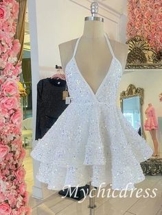 2024 Blue Sequin Homecoming Dresses Sleeveless V Neck A Line Cocktail – MyChicDress Classic Cocktail Dress, Dress For Teens, Hot Prom Dress, Sequin Homecoming Dress, Dama Dresses, Dresses Sequin, Sequin Short, A Line Cocktail Dress, White Homecoming Dresses