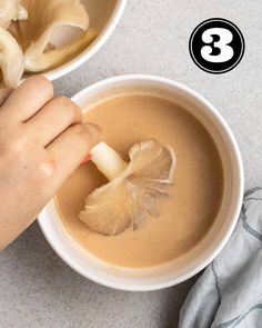 someone is peeling an onion slice into a bowl of soup with the title 3 ways to make mushroom soup