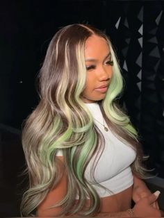 #hairstyles Light Green Lace Front Wig, Aesthetic Hair Green, Blonde And Green Wig, Sage Green Hair Color, Birthday Hair Color Ideas, Green Highlights Hair, Black Hair With Green Highlights, Two Tone Blonde Hair, Blonde And Green Hair