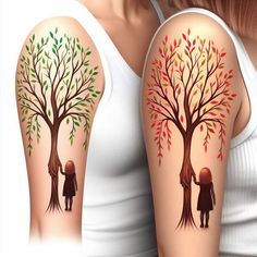 two people holding hands under a tree with leaves on their arms and behind them is a woman's arm