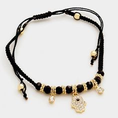 Size : 0.6" L Adjustable Evil Eye Hamsa, Hamsa Hand, Evil Eye, Apparel Accessories, Bracelet, Crystals, Gold, Black