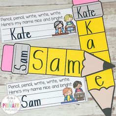 two pencils with words that spell out the word sam and kate, on top of each