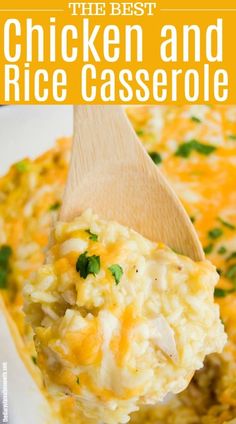 chicken and rice casserole on a wooden spoon in a white dish with text overlay