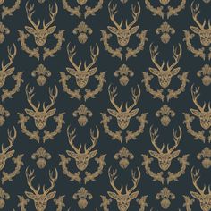 a deer head with horns and flowers on a black background seamless wallpaper pattern