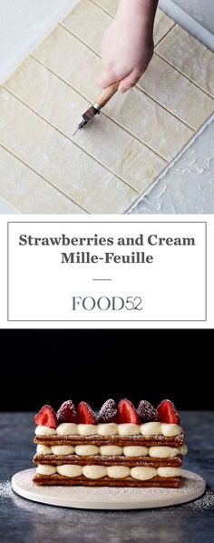 strawberries and cream mille - feuille food52 cover image with text overlay