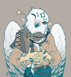 an anime character with angel wings holding something in his hands