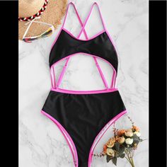 It Features Contrast Piping, Adjustable Crossing Straps To Accent The Open Back And Removable Padding. Size: Medium Pink Crisscross Swimwear For Summer, Strapless Swimwear, Polka Dot Bathing Suit, Striped Swimwear, White Swimwear, Bathing Suits One Piece, Contrast Piping, One Piece Suit, Swimsuit Fashion