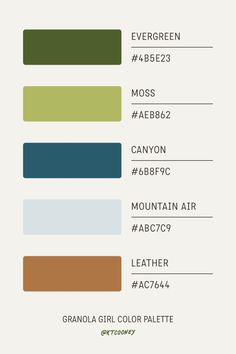 the color palette for an upcoming project, featuring different shades of green and brown with text that reads evergreen moss, canyon abc, mountain air, leather