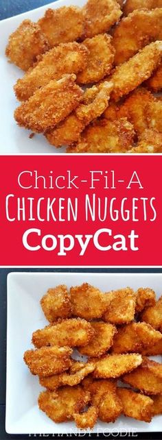 chicken nuggets on a white plate with red border and text overlay that reads, chicken fill a chicken nugget copycat