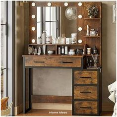 a wooden vanity with lights on it in front of a mirror and shelves filled with personal care items