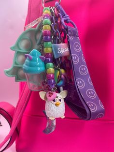 Fully loaded bag charm/keychain with lanyard, also has a  small unicorn themed container with a twist on lid for miscellaneous items. Furby Boom, Pill Holder, Unicorn Theme, Miscellaneous Items, Charm Keychain, School Life, Pottery Art, Key Chain, Lanyard