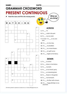 a crossword puzzle with the words'present continuous'and'watch out '