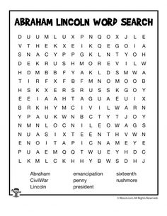 the abraham lincoln word search is shown in black and white