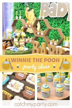 winnie the pooh baby shower party with decorations and desserts on display in front of it