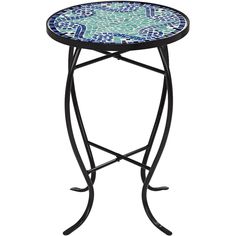 a small table with blue and white designs on the top, sitting against a white background