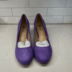 These Shoes Are New And Never Used Size: 7 Beautiful Shoes That Are Comfortable!! Purple Block Heel Shoes With Medium Width, Purple Block Heel Medium Width Heels, Purple High Heels Medium Width, Purple Heels With Sculpted Heel And Round Toe, Purple Heels With 4-inch Almond Toe, Purple Almond Toe Heels With 4-inch Heel, Purple Suede High Heel Heels, Purple Suede Heels With Pointed Toe, Purple Suede High Heels