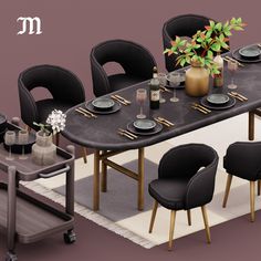 the table is set with black chairs and plates