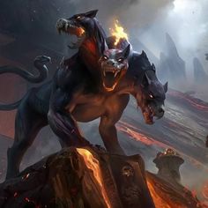 an animal with flames in its mouth standing on top of a rock