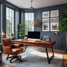 a home office with blue walls and leather chairs in front of a large window that overlooks the city