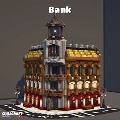 a building made out of legos with the words bank on it's side