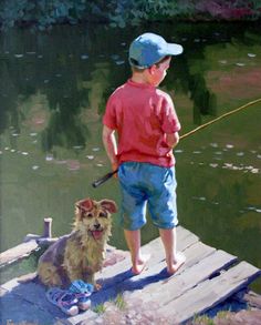 a painting of a boy and his dog on a dock with a fishing rod in hand