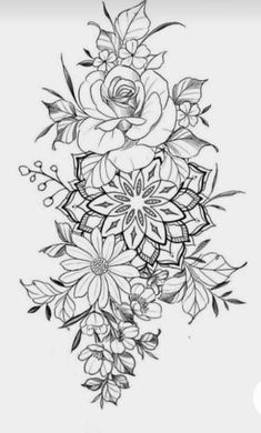 a black and white drawing of flowers with leaves on the bottom half of their arm