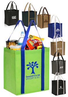 Non-Woven Grocery Tote Bag (Quantity of 12+ at $4.56 each; Quantity of 25+ at $2.19 each; Quantity of 50+ at $1.40 each; Quantity of 100+ at $1.10 each plus $50 setup fee ... FREE shipping) | DiscountMugs Non Woven Bag Design, Brand Shopping Bag, Personalized Shopping Bags, Non Woven Bag, Grocery Tote Bag, Non Woven Bags, Soft Leather Bag, Shoulder Sling, Grocery Tote