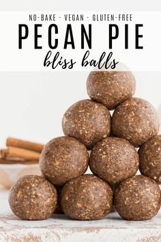 no bake vegan gluten - free pecan pie bliss balls stacked on top of each other