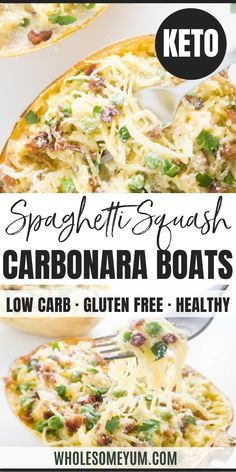 an image of spaghetti squash carbomara boats with text overlay that reads, spaghetti squash carbombara boats low carb - gluten free healthy