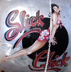 a metal sign with a woman in a bathing suit on it's side and the words stick click