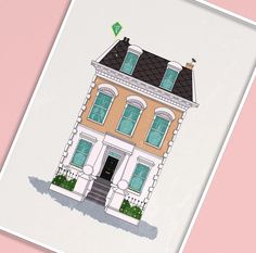 a drawing of a two story house on a pink background with a green kite flying above it