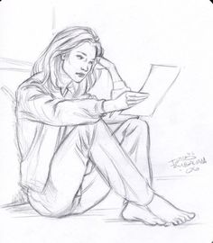 a pencil drawing of a woman sitting on the ground