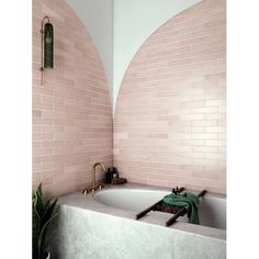 a bathroom with pink brick walls and a white bathtub next to a green plant