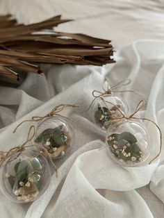 three glass ornaments with succulents in them sitting on a white cloth covered bed