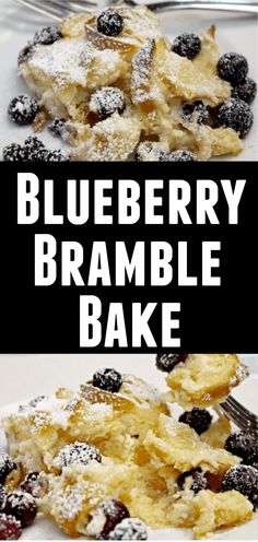 blueberry bramble bake with powdered sugar on top and berries in the middle