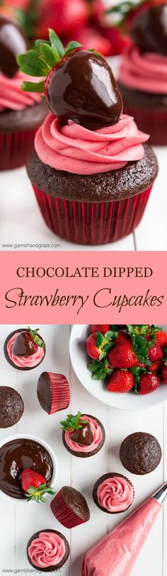 chocolate dipped strawberry cupcakes with pink frosting and strawberries in the background