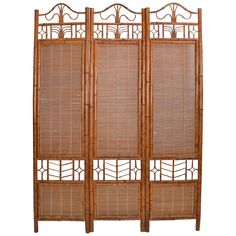 One Mid-Century Modern tall three wall-panel solid bamboo wood room divider, screen or partition in brown finish. Boho chic very well crafted with wicker cross bindings and butterfly hinges. Dimensions closed: Width 18 inches, depth 6 inches, height 73.5 inches, each panel is 18 inches wide from the outside to outside. F-756-335 Modern Room Partitions, Mid Century Modern Room, Screen Partition, Modern Bookends, Bamboo Room Divider, Wood Room Divider, Modern Screens, Modern Plant Stand, Room Divider Screen