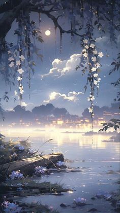 a painting of the moon and clouds over water with flowers hanging from it's branches