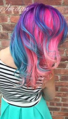 Blue pink purple dyed hair color @pinupjordan Orange Short Hair, Hairstyles Dyed Hair, Hairstyles Dyed, Pink And Blue Hair, Blue And Purple Hair, Cool Hair Colors, Bright Hair Colors