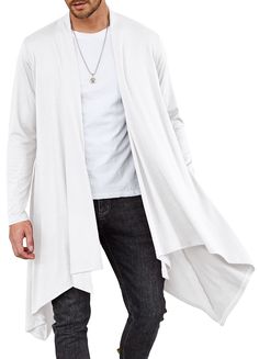 PRICES MAY VARY. Mens ruffle shawl collar cardigan constructed from high quality soft and lightweight premium cotton blend fabric,which is silky smooth and stretchy. Fashion mens long length cardigan design with ruffle shawl collar,long sleeve,solid color,swing,will add your style an unbeatable avant-garde edge and stylish touch. This cool easy-to-be-layered open lightweight cardigan works great with unlimited numbers of tops and bottoms to show off your styling smarts,paring with t shirts or je Solid Cotton Cardigan For Layering, White Cotton Open Front Outerwear, White Open Front Cotton Outerwear, Lightweight Long Sleeve Winter Cardigan, Lightweight Long Sleeve Solid Color Cardigan, Solid Color Lightweight Long Sleeve Cardigan, Lightweight Long Sleeve Cardigan, Solid Lightweight Long Sleeve Cardigan, White Open Front Cotton Cardigan