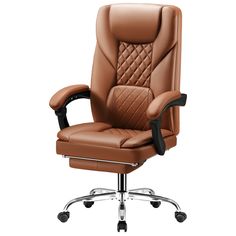 a brown leather office chair with chrome base and armrests on an isolated white background